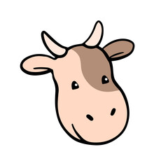 Cow with udder. Head portrait. Cute domestic animal for farm, milk and meat. Child character. Ungulate mammal. Spotted color. Vector cartoon illustration isolated on white background