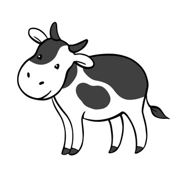 Cow with udder. Cute domestic animal for farm, milk and meat. Child character. Ungulate mammal. Spotted color. Vector cartoon illustration isolated on white background. Black and white hand drawn