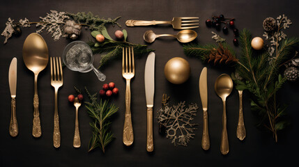  a group of forks, spoons, spoons, and christmas decorations on a black surface with a gold - plated utensil and silverware set. - obrazy, fototapety, plakaty