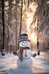 Obraz premium Kind Funny cartoon snowman in a knitted hat and scarf in the yard on the background cozy snow forest. Winter fairy tale, snowfall, snow entertainment, christmas and new year