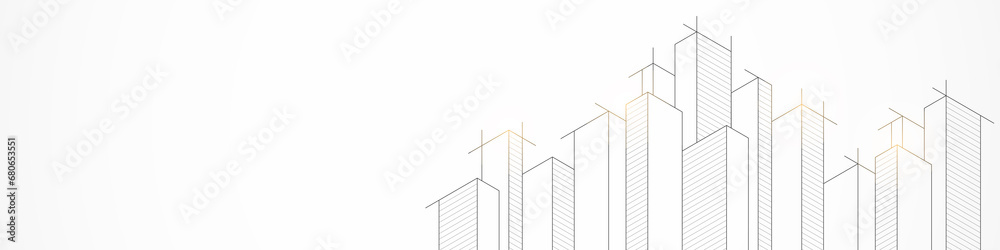 Poster panoramic view of architectural drawing with building construction for banner or website header temp