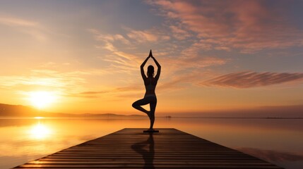  a person doing a yoga pose on a dock in front of a body of water with the sun setting in the background and a body of water in the foreground.