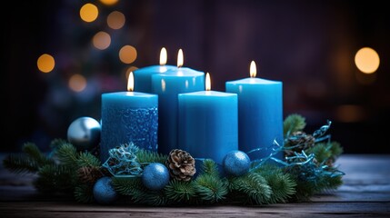  a group of three blue candles sitting on top of a table next to a christmas wreath with pine cones and balls on top of it and a christmas tree with lights in the background.