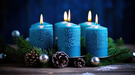  a group of three blue candles sitting on top of a wooden table next to pine cones and a pine cone with a pine cone on the side of the candles.