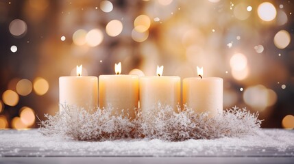  a group of white candles sitting on top of a table next to a pile of snow covered ground with a blurry background of snow flecked lights in the background.