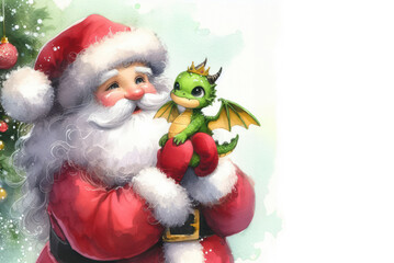 Santa Claus with dragon in his hands. Drawing with watercolors. Christmas card concept. Light back