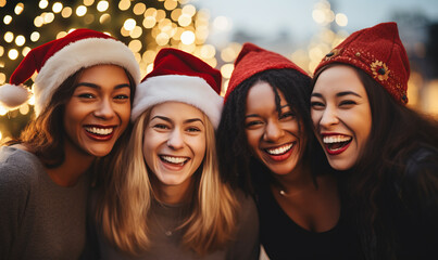 Obraz premium A group portrait of friends celebrating Christmas outdoors festive lights