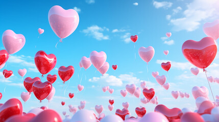 Pink and Red Heart-Shaped Balloons Against a Clear Blue Sky, Perfect Wallpaper or Background for Valentine's Day, Weddings, and Celebrations, Evoking Love and Festivity