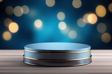 Minimalistic Elegance Empty Round Cylinder Podium for Cosmetics Presentation on Blue Background with Bokeh Lights. created with Generative AI