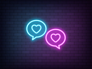 Outline neon love chat, blue purple vector icon. Glowing neon bubble messages with heart, online dating chat. Love communication, romantic talk, dating app. Private date service, love conversation