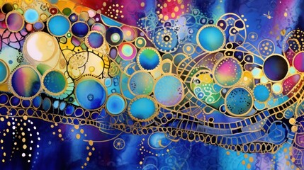  a painting of blue, yellow, purple, and green circles on a blue, yellow, pink, and purple background with circles and dots on the bottom half of the image.