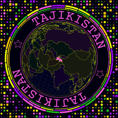 Futuristic Tajikistan on globe. Bright neon satelite view of the world centered to Tajikistan. Geographical illustration with shape of country and geometric background. Appealing vector illustration.