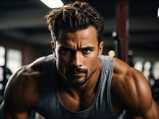 A photo of a man in the gym, engaged in push-ups. His face radiates fierce determination and vitality as he exemplifies perseverance, strength, and a fitness-focused lifestyle. 