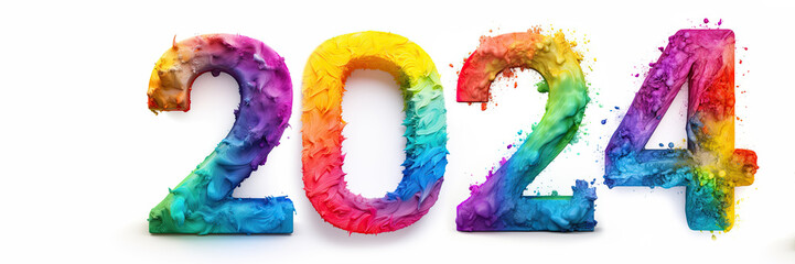 The numeral of the year 2024 is rainbow colored on a light white background. Banner.