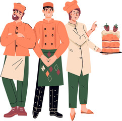 Confectioners or pastry cooks with ready cake. Bakery, candy shop or pastry staff.