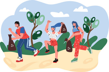 People running and plogging, picking up litter. Plogging and volunteering clean up event.