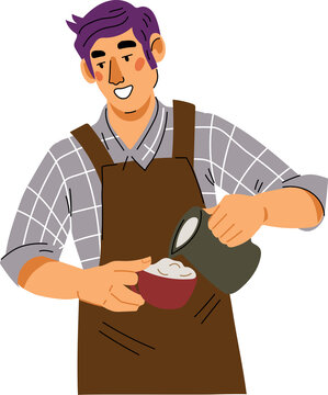 Barista male cartoon character pouring milk to coffee cup. Barista image coffee shop and takeaway cafe, coffee house.