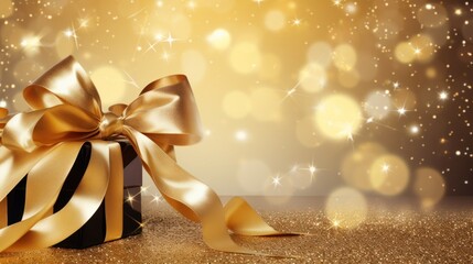  a black and gold gift box with a gold ribbon and a bow on a gold glittered background with sparkling lights and a starbursty boke effect.