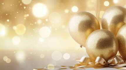  a close up of a bunch of gold christmas balls with a ribbon on a shiny surface with boke of lights in the background and a blurry boke of the foreground.