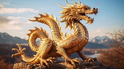 Fototapeta premium a golden dragon statue on a rock in front of a mountain range with a blue sky and clouds in the background, with a mountain range in the distance, in the foreground