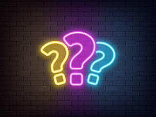 Outline 3 neon questions, colorful icon. Glowing neon question marks, FAQ support, answer searching, questionnaire. Find problem decision. Unknown surprise, secret, mystery. Quest, puzzle and quiz - obrazy, fototapety, plakaty