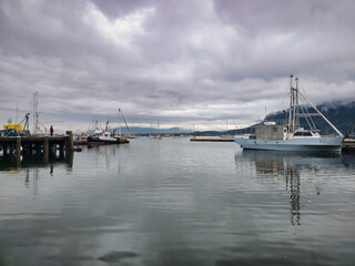 Fototapeta na wymiar A view of Cowichan Bay marina, on a cold autumn day on Vancouver Island, British Columbia, Canada