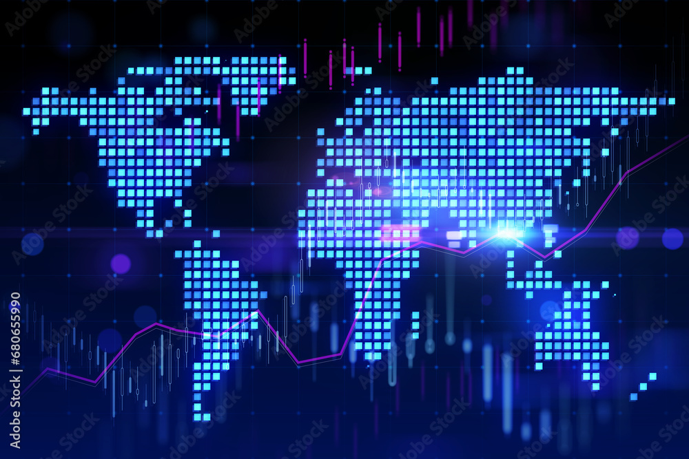 Poster Abstract glowing digital pixel squares map of the world with spotlights and business chart. Global business concept. 3D Rendering.