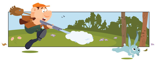 Obraz na płótnie Canvas Hunter tries to hunt hare. Illustration for internet and mobile website.
