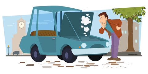 Man and repair automobile. Illustration for internet and mobile website.