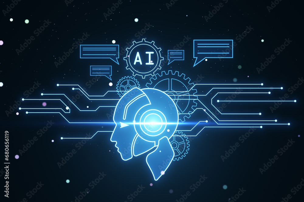 Aufkleber Creative glowing robot head and icons on dark blurry background. Chat GPT, machine learning and AI concept. 3D Rendering.
