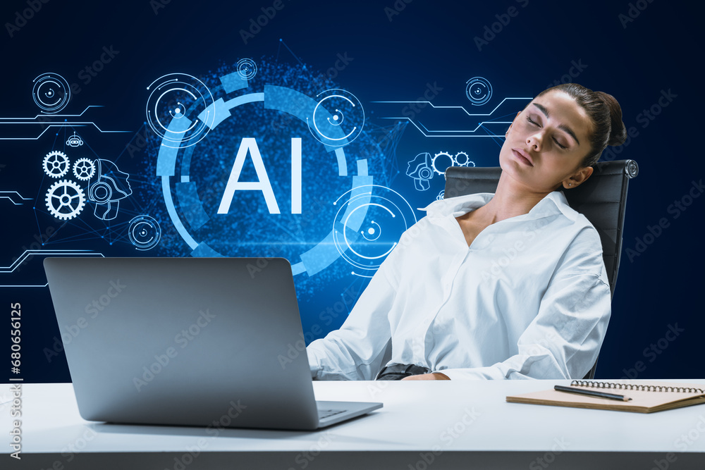 Poster sleepy young businesswoman at desk with laptop and glowing ai hologram on blue background. artificia