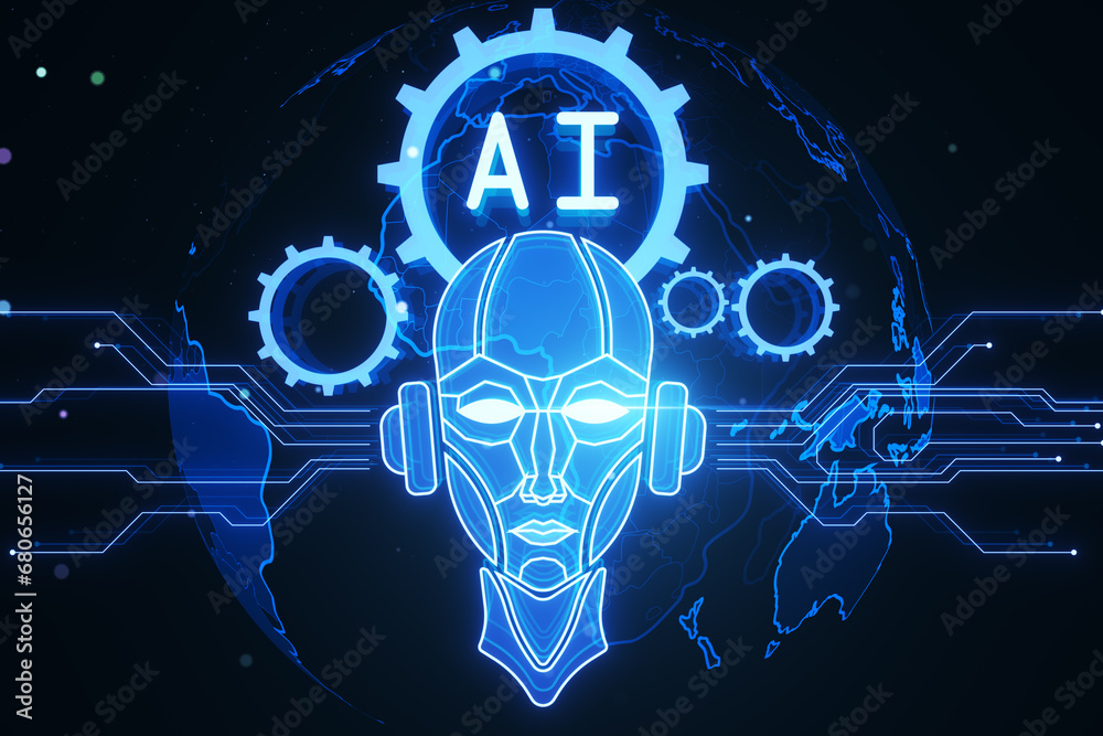 Poster Abstract glowing robot head and icons on dark blurry texture. Chat GPT, machine learning and AI concept. 3D Rendering.
