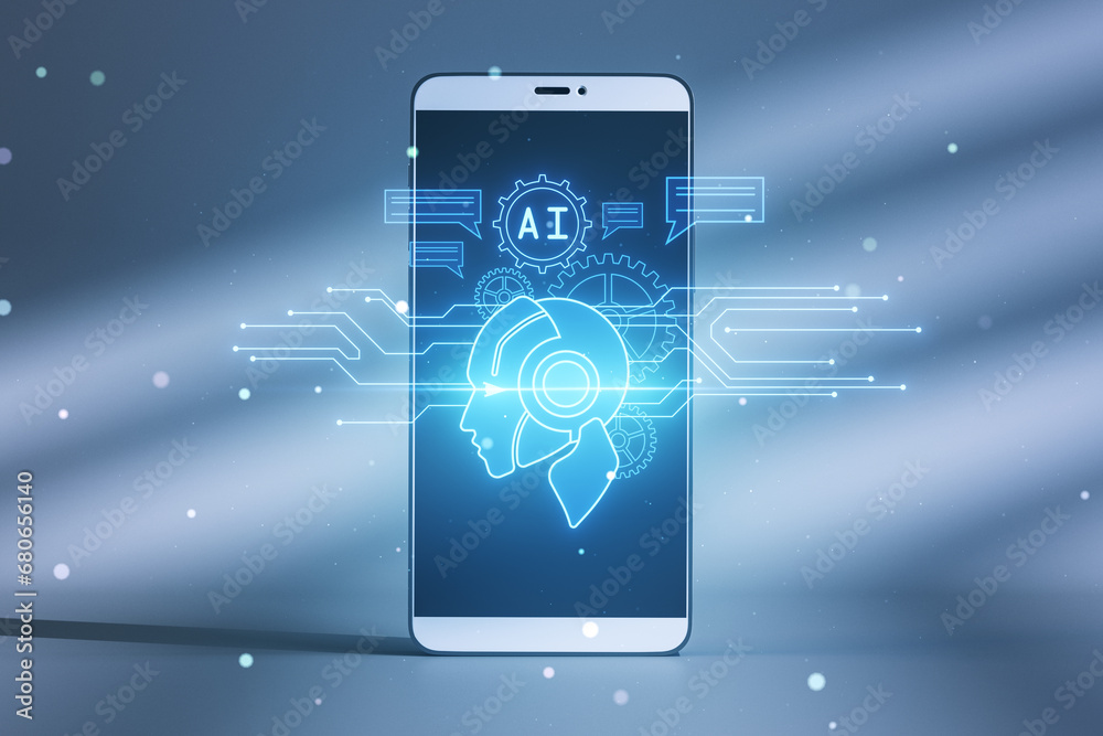 Poster Close up of smartphone with glowing robot head and icons on blurry background. Chat GPT, machine learning and AI concept. 3D Rendering.