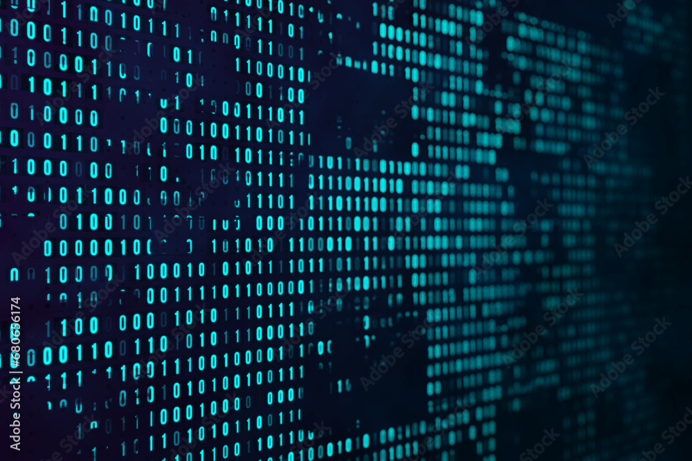 Poster Abstract digital dots binary coding background. Digital data concept. 3D Rendering.