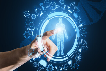 Close up of male hand pointing at round medical interface with human body outline and healthcare...