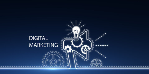 Creative digital marketing hologram on blue background. Promotion and alert concept. 3D Rendering.