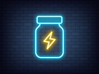 Outline neon energy supplement, blue yellow icon. Glowing neon bottle with lightning sign, energetic supplement. Sport nutrition for strength, speed and stamina. Sport medicine, bottle with pills