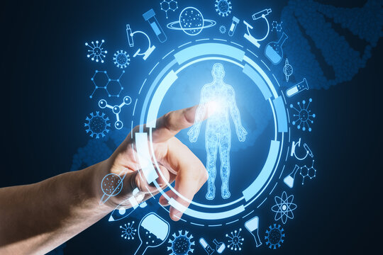 Close up of male hand pointing at round medical interface with human body outline and healthcare icons on blue background. Telemedicine and innovation concept.