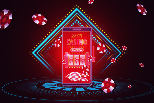 Vibrant online casino concept with mobile interface, chips, and neon lights. Technology and entertainment concept. 3D Rendering