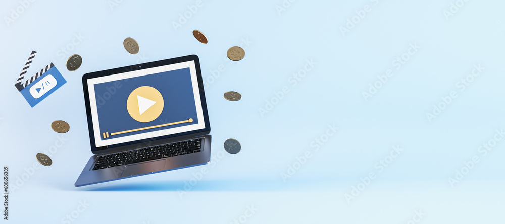 Poster floating laptop with play symbol and coins in motion on cinematic blue background. streaming revenue