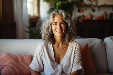 Obraz premium Joyful Moments Smiling Middle-Aged Woman Relaxing on a Vintage Sofa in the Comfort of Her Home, Embracing the Tranquility of Single Senior Living. created with Generative AI