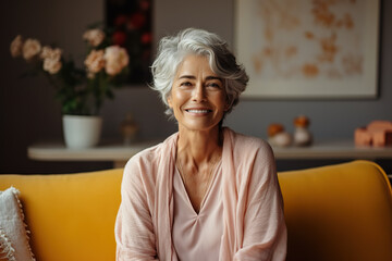 Joyful Moments Smiling Middle-Aged Woman Relaxing on a Vintage Sofa in the Comfort of Her Home, Embracing the Tranquility of Single Senior Living. created with Generative AI