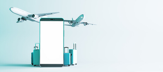 Online travel booking concept with smartphone mockup, airplanes, and luggage on a light background....