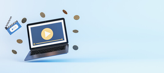 Floating laptop with play symbol and coins in motion on cinematic blue background. Streaming revenue concept. 3D Rendering