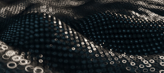 Close-up of textured black wave pattern with sparkling highlights. Abstract design and modern art. 3D Rendering
