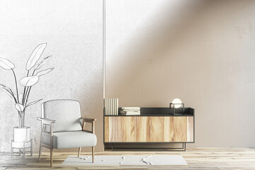 Sketch of modern living room interior with mock up place on beige wall, furniture and plant. 3D Rendering.