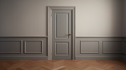  an empty room with a door in the middle of the room and a parquet floor in the middle of the room with a parqueted parquet floor and parqueted parquet floor.