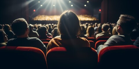 Audience watching a movie in the cinema. Back view of people sitting in the auditorium - generative ai - obrazy, fototapety, plakaty