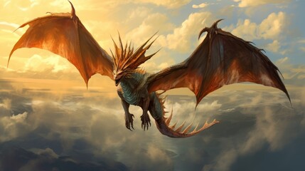  a painting of a dragon flying in the sky with clouds in the foreground and the sun in the sky behind it, with clouds in the foreground, and in the foreground.