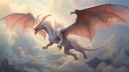  a white dragon flying over a city in a cloudy sky with a city in the background and clouds in the foreground, with buildings in the foreground, and in the foreground, the foreground, is a. - obrazy, fototapety, plakaty